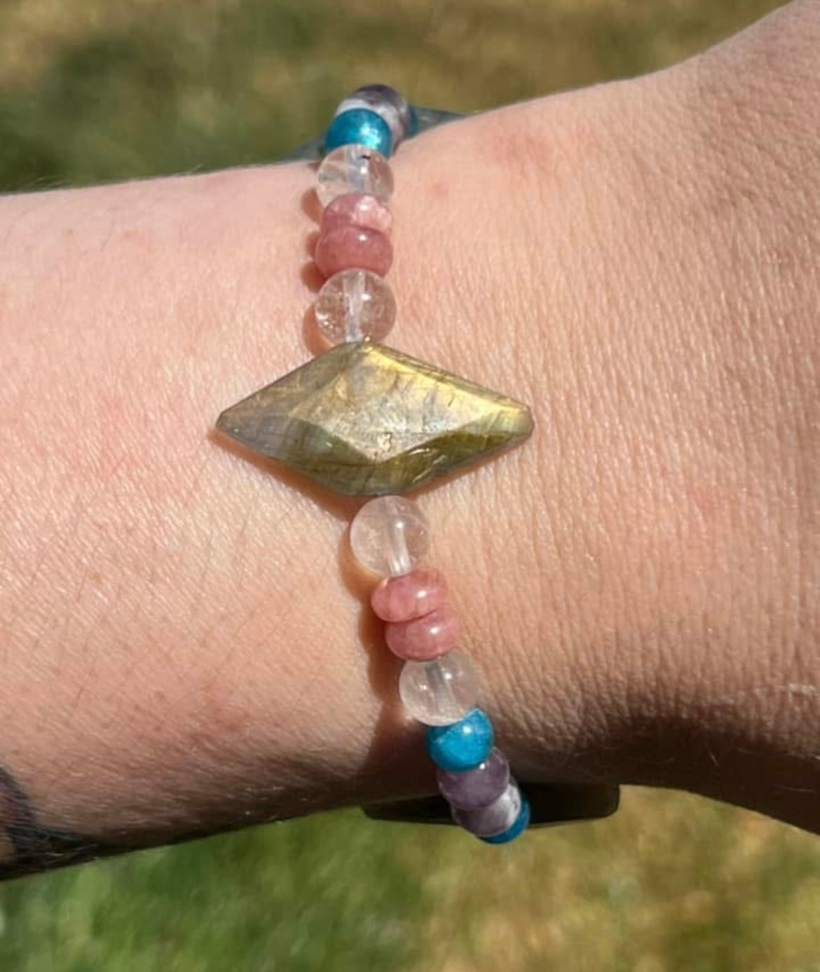 Labradorite, Amethyst, Rhodochrosite, Blue Apatite and Clear Quartz Crystal Bracelet