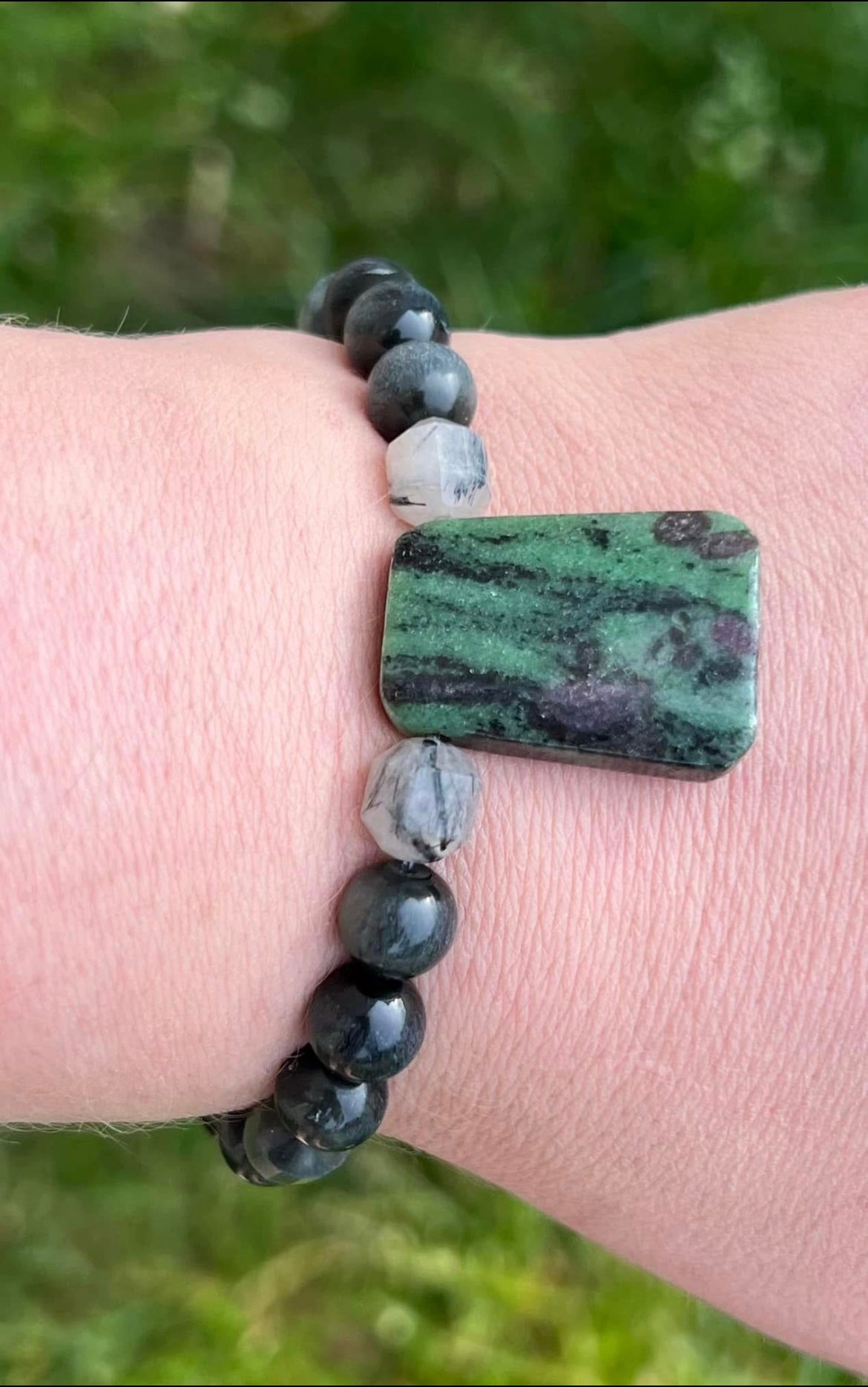 Ruby in Zoisite, Chrysoberyl, Tourmalinated Quartz and Rainbow Obsidian Crystal Bracelet