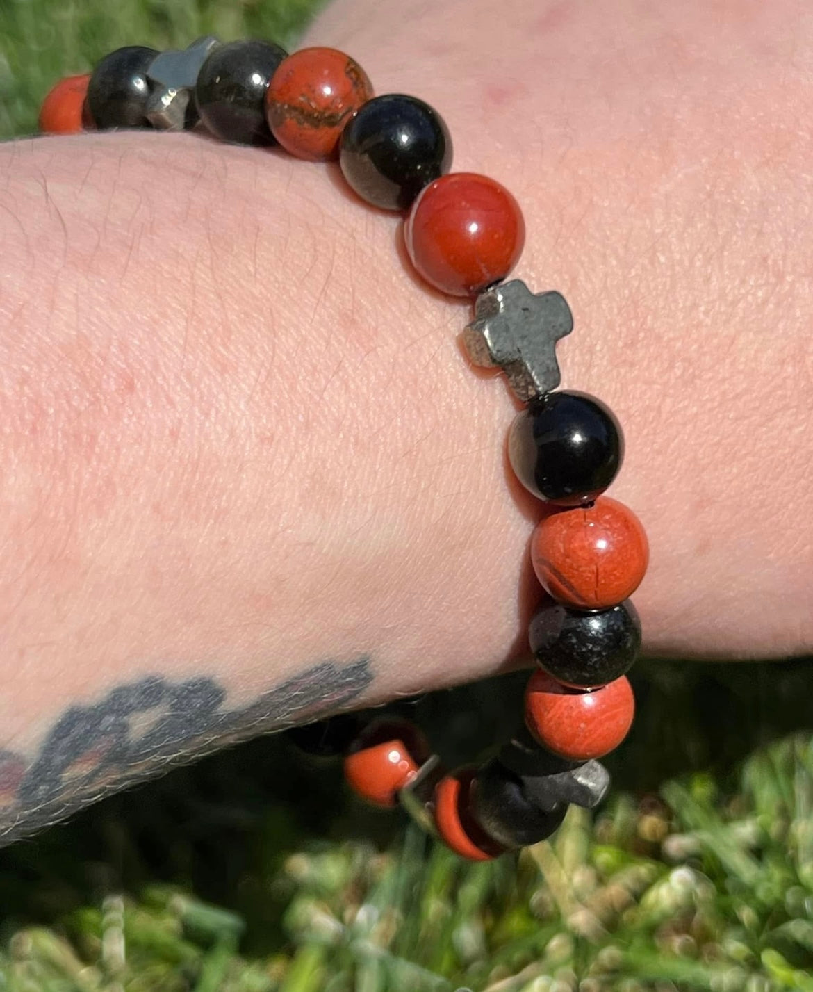 Pyrite, Red Jasper and Golden Obsidian Crystal Bracelet