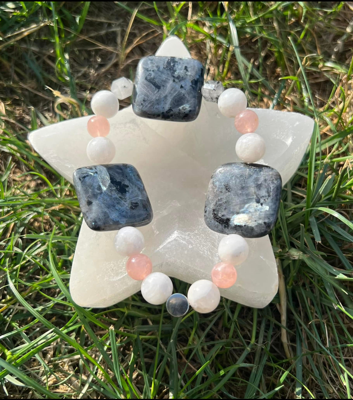Larvikite, Rose Quartz, Rainbow Moonstone and Tourmilated Quartz