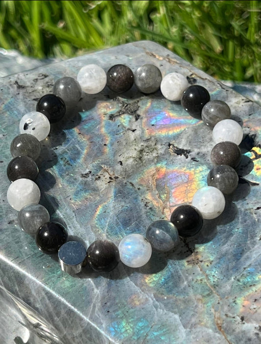 Mystic Protection & Intuition - Rainbow Moonstone, Labradorite and Silver Obsidian