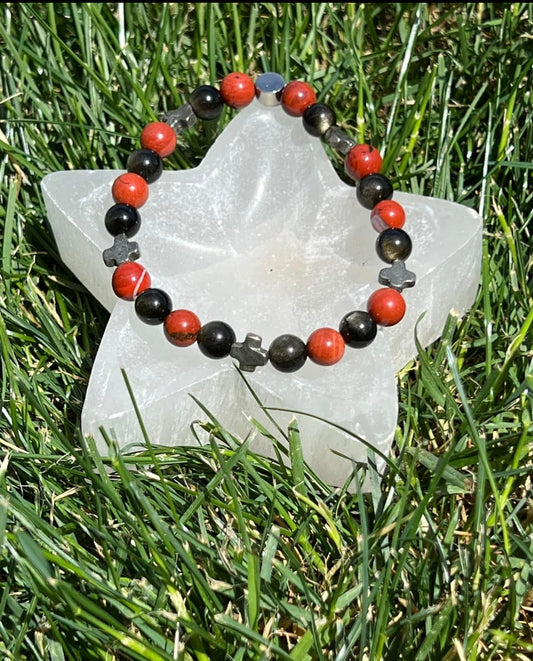 Pyrite, Red Jasper and Golden Obsidian Crystal Bracelet