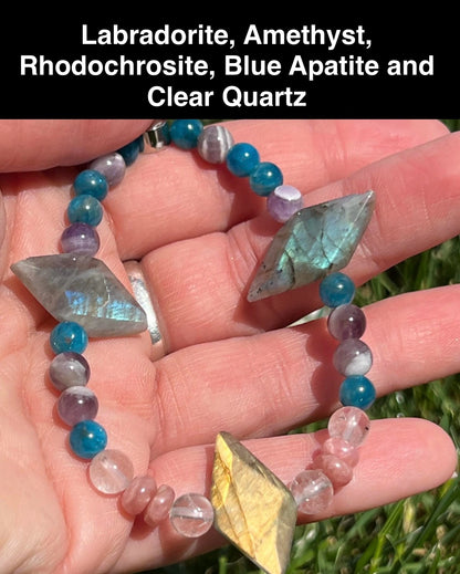 Labradorite, Amethyst, Rhodochrosite, Blue Apatite and Clear Quartz Crystal Bracelet