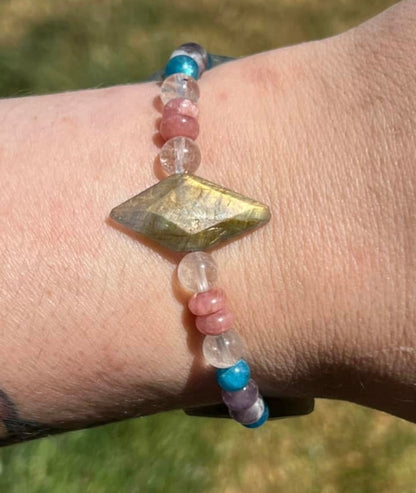 Labradorite, Amethyst, Rhodochrosite, Blue Apatite and Clear Quartz Crystal Bracelet
