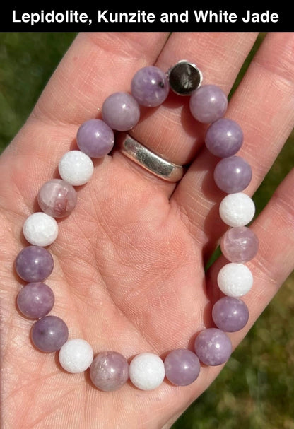 Kunzite, Lepidolite and White Jade Crystal Bracelet