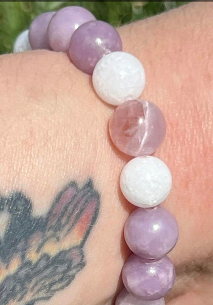 Kunzite, Lepidolite and White Jade Crystal Bracelet