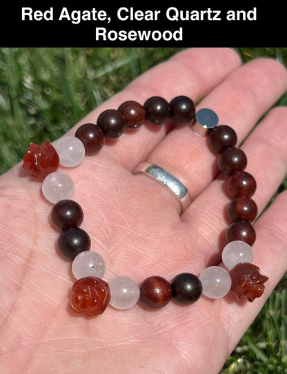 Red Agate, Clear Quartz and Rosewood Crystal Bracelet