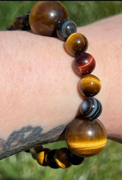 Yellow Tigers Eye, Red Tigers Eye and Black Lace Agate Crystal Bracelet