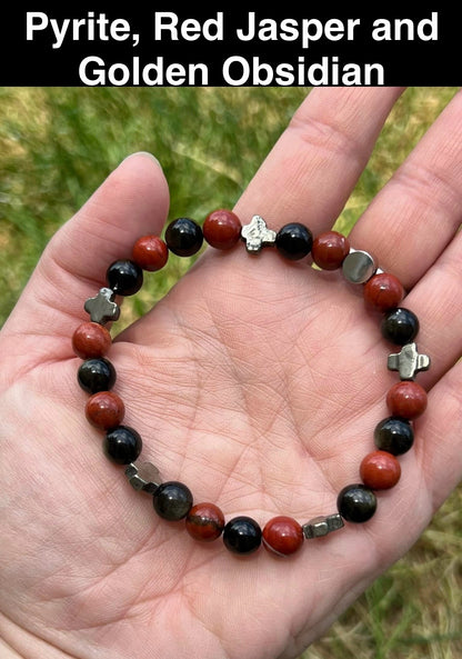 Pyrite, Red Jasper and Golden Obsidian Crystal Bracelet