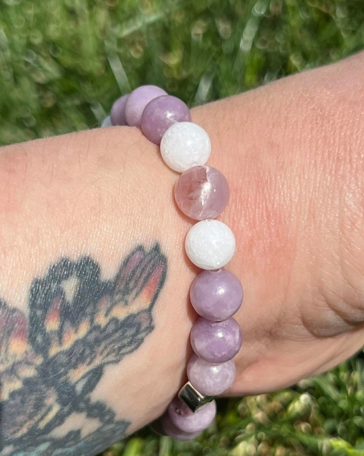 Kunzite, Lepidolite and White Jade Crystal Bracelet