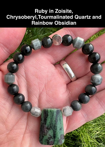 Ruby in Zoisite, Chrysoberyl, Tourmalinated Quartz and Rainbow Obsidian Crystal Bracelet