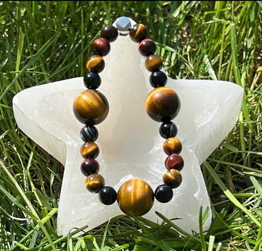 Yellow Tigers Eye, Red Tigers Eye and Black Lace Agate Crystal Bracelet