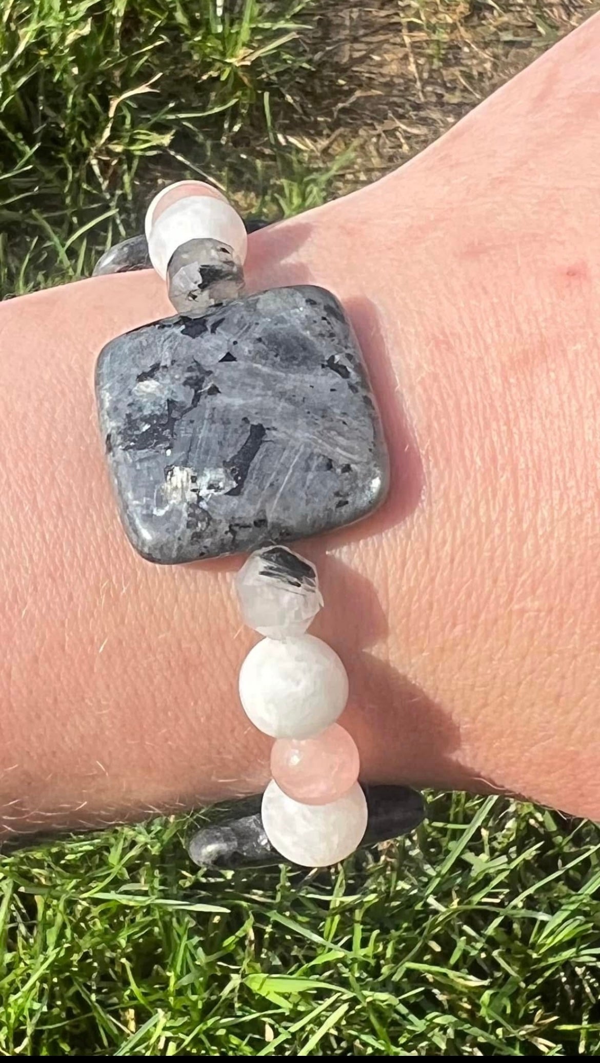 Larvikite, Rose Quartz, Rainbow Moonstone and Tourmilated Quartz