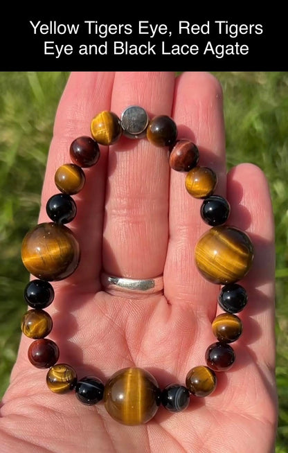 Yellow Tigers Eye, Red Tigers Eye and Black Lace Agate Crystal Bracelet