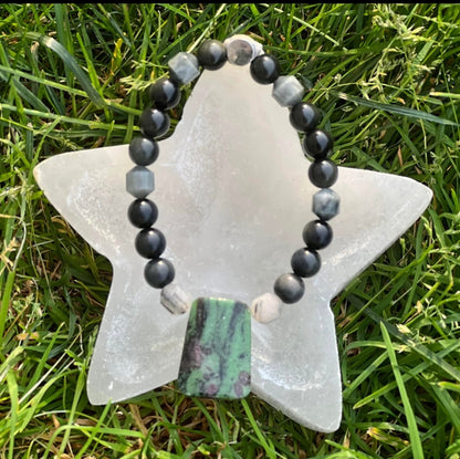 Ruby in Zoisite, Chrysoberyl, Tourmalinated Quartz and Rainbow Obsidian Crystal Bracelet