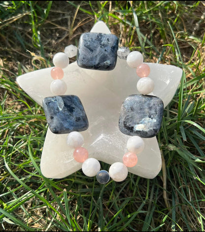 Larvikite, Rose Quartz, Rainbow Moonstone and Tourmilated Quartz