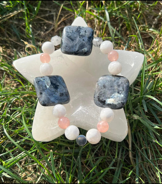 Larvikite, Rose Quartz, Rainbow Moonstone and Tourmilated Quartz