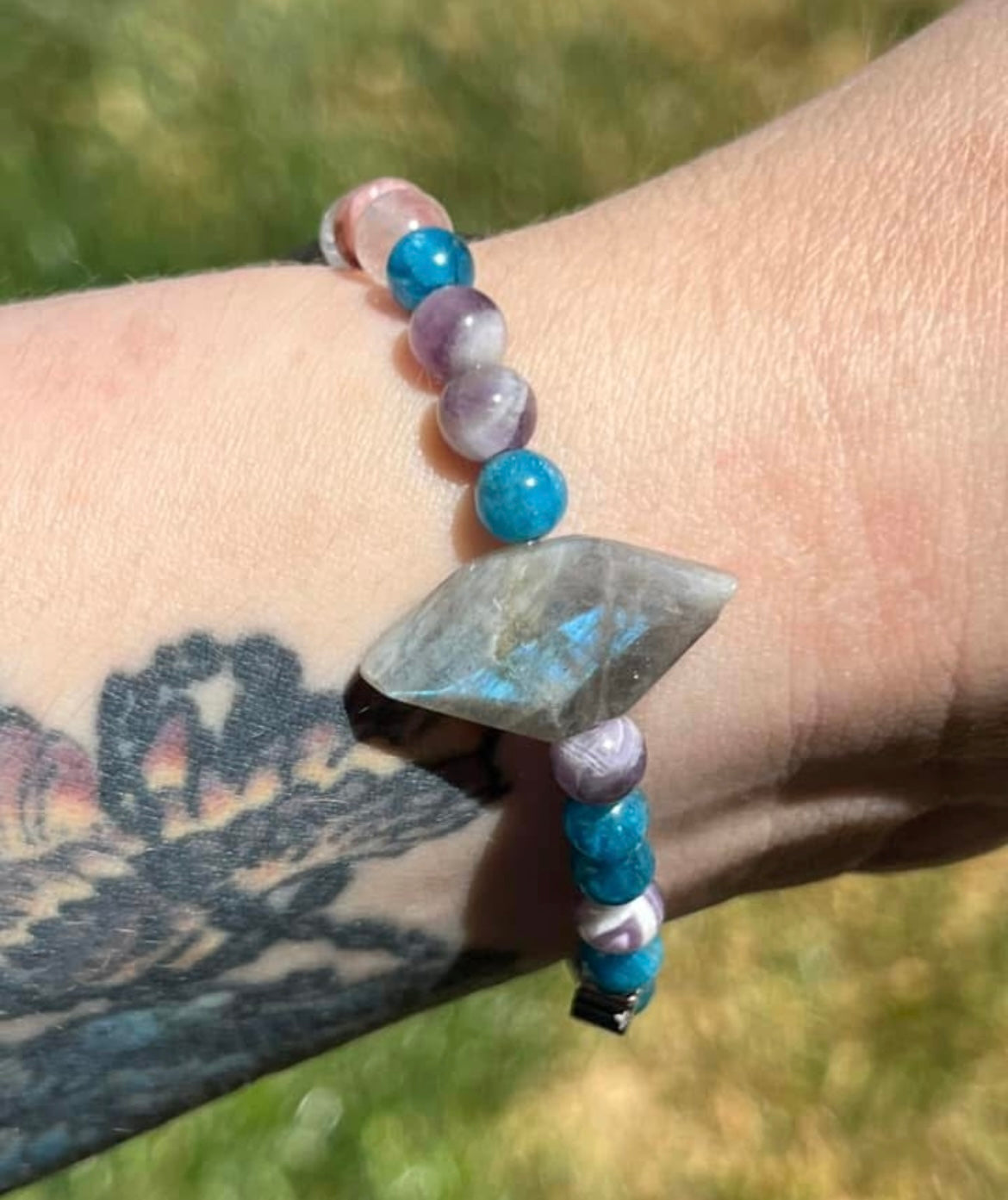 Labradorite, Amethyst, Rhodochrosite, Blue Apatite and Clear Quartz Crystal Bracelet