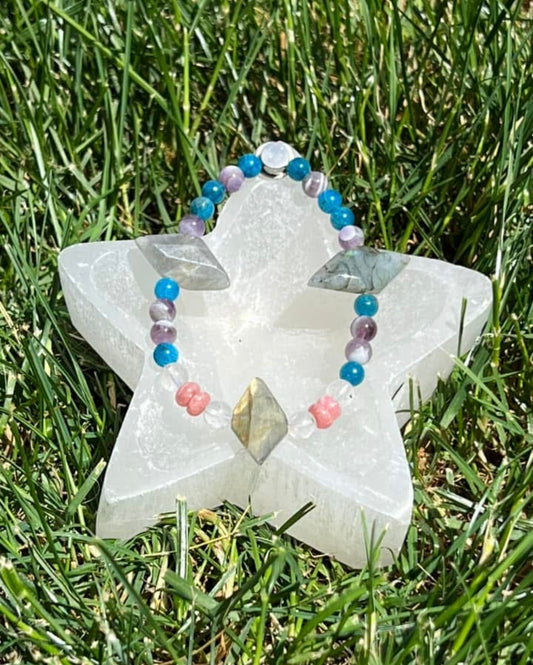 Labradorite, Amethyst, Rhodochrosite, Blue Apatite and Clear Quartz Crystal Bracelet